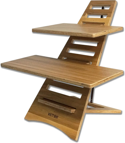 Victor Laptop Stand - Acacia Wood Standing Desk Converter with Dual Trays, 10-Level Height Adjustment, Fast Tool-Free Assembly, for Dorms, Bedrooms, and Home Offices