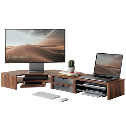 Fenge Dual Monitor Stand, Corner Desk Shelf with Drawer & Slide-Out Tray | Modular Design for Flexible Layouts, 2-Tier Storage Desktop Organizer for Computer, Laptop, Printer and Telephone