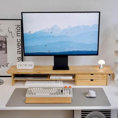 Bamboo Dual Monitor Stand, Natural Desk Shelf with Storage | 39.3 inch Monitor Riser with 2 Drawers, Desk Stand with Cable Management for Home Office, Printer, Laptop