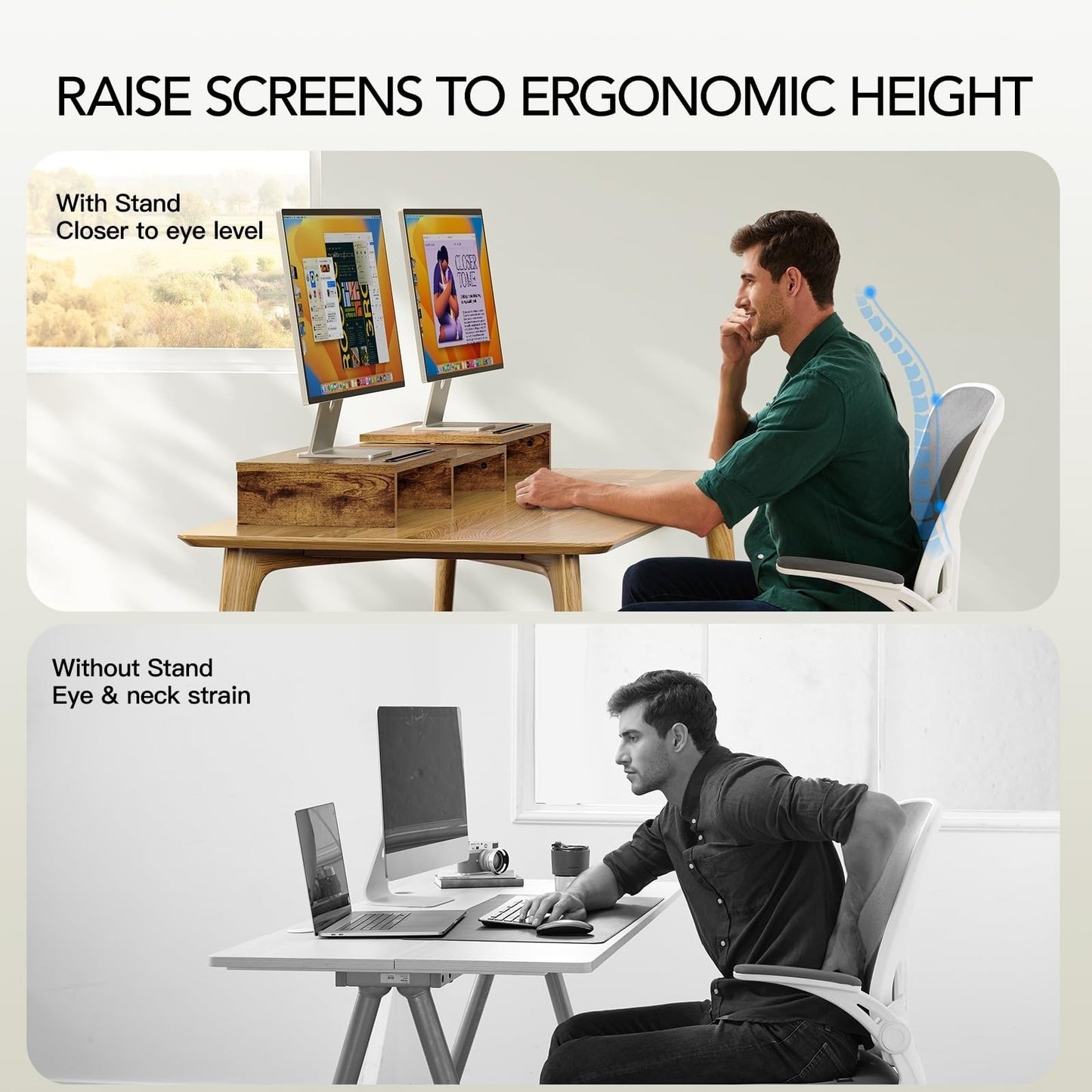 AMERIERGO Dual Monitor Stand Riser- 3 Shelf Screen Stand with Adjustable Length and Angle, 2 Extra Functional Slot Desktop Organizer Stand for PC, Computer, Laptop (Light Wood)