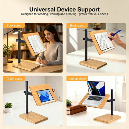 Laptop Stand for Desk, Adjustable Wood and Bamboo Base (Large) | Stand For Macbook , tiltable aluminum riser, length-variable platform, large wide surface, height-modifying lift rod