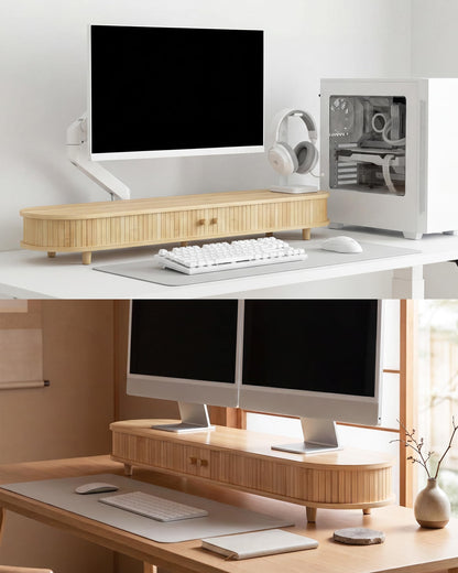 Bamboo Monitor Stand with Storage, 25 Inch Desk Shelf Riser | Curved Computer Laptop Stand Desk Shelf Organizer with Sliding Doors for 47-55 Inch Desk