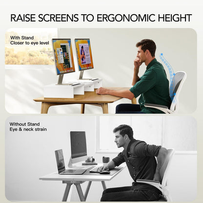 AMERIERGO Dual Monitor Stand Riser- 3 Shelf Screen Stand with Adjustable Length and Angle, 2 Extra Functional Slot Desktop Organizer Stand for PC, Computer, Laptop (Light Wood)