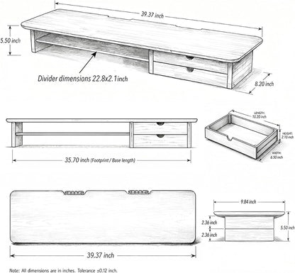Bamboo Dual Monitor Stand, Natural Desk Shelf with Storage | 39.3 inch Monitor Riser with 2 Drawers, Desk Stand with Cable Management for Home Office, Printer, Laptop