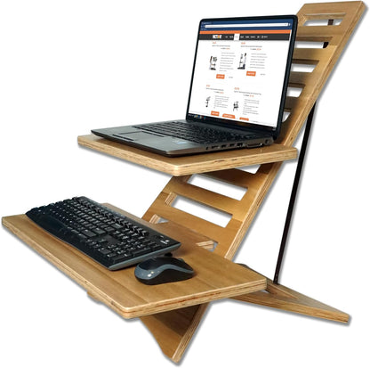 Victor Laptop Stand - Acacia Wood Standing Desk Converter with Dual Trays, 10-Level Height Adjustment, Fast Tool-Free Assembly, for Dorms, Bedrooms, and Home Offices