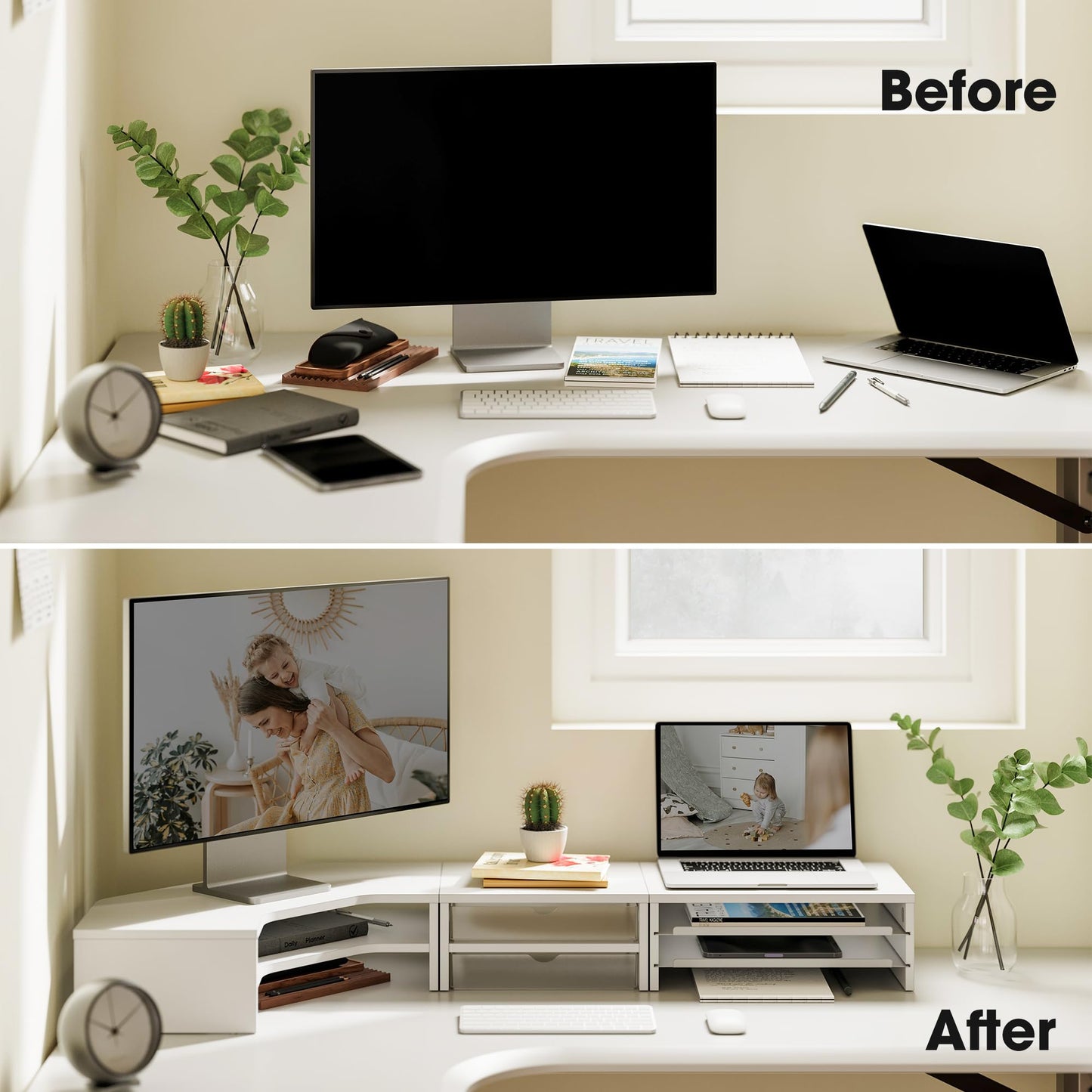 Fenge Dual Monitor Stand, Corner Desk Shelf with Drawer & Slide-Out Tray | Modular Design for Flexible Layouts, 2-Tier Storage Desktop Organizer for Computer, Laptop, Printer and Telephone