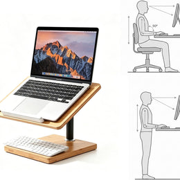 Laptop Stand for Desk, Adjustable Wood and Bamboo Base (Large) | Stand For Macbook , tiltable aluminum riser, length-variable platform, large wide surface, height-modifying lift rod
