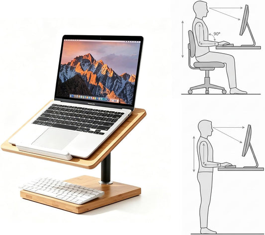 Laptop Stand for Desk, Adjustable Wood and Bamboo Base (Large) | Stand For Macbook , tiltable aluminum riser, length-variable platform, large wide surface, height-modifying lift rod