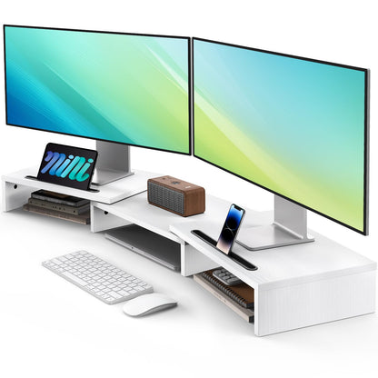 AMERIERGO Dual Monitor Stand Riser- 3 Shelf Screen Stand with Adjustable Length and Angle, 2 Extra Functional Slot Desktop Organizer Stand for PC, Computer, Laptop (Light Wood)