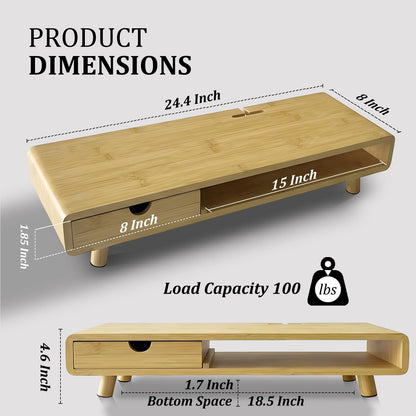 Homerays Bamboo Monitor Stand Riser, No Assembly Required Exquisite Monitor Stand with Drawer Ergonomic Height Wood Monitor Stand