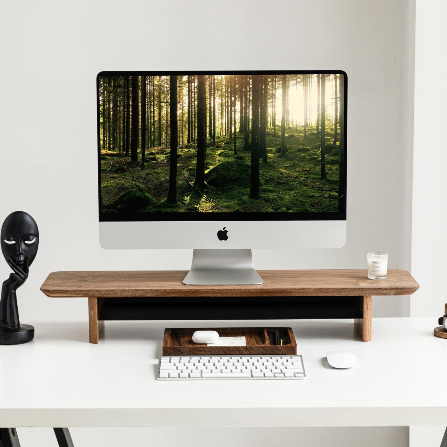 Monitor Stand Riser from Walnut Wood with Black Shelf and Black Legs - Wooden Desktop Storage for PC, Laptop, iMac, TV, Printer, Computer - Durable Walnut Shelf