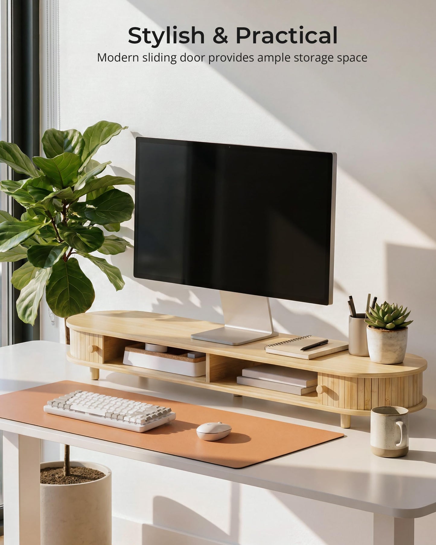 Bamboo Monitor Stand with Storage, 25 Inch Desk Shelf Riser | Curved Computer Laptop Stand Desk Shelf Organizer with Sliding Doors for 47-55 Inch Desk