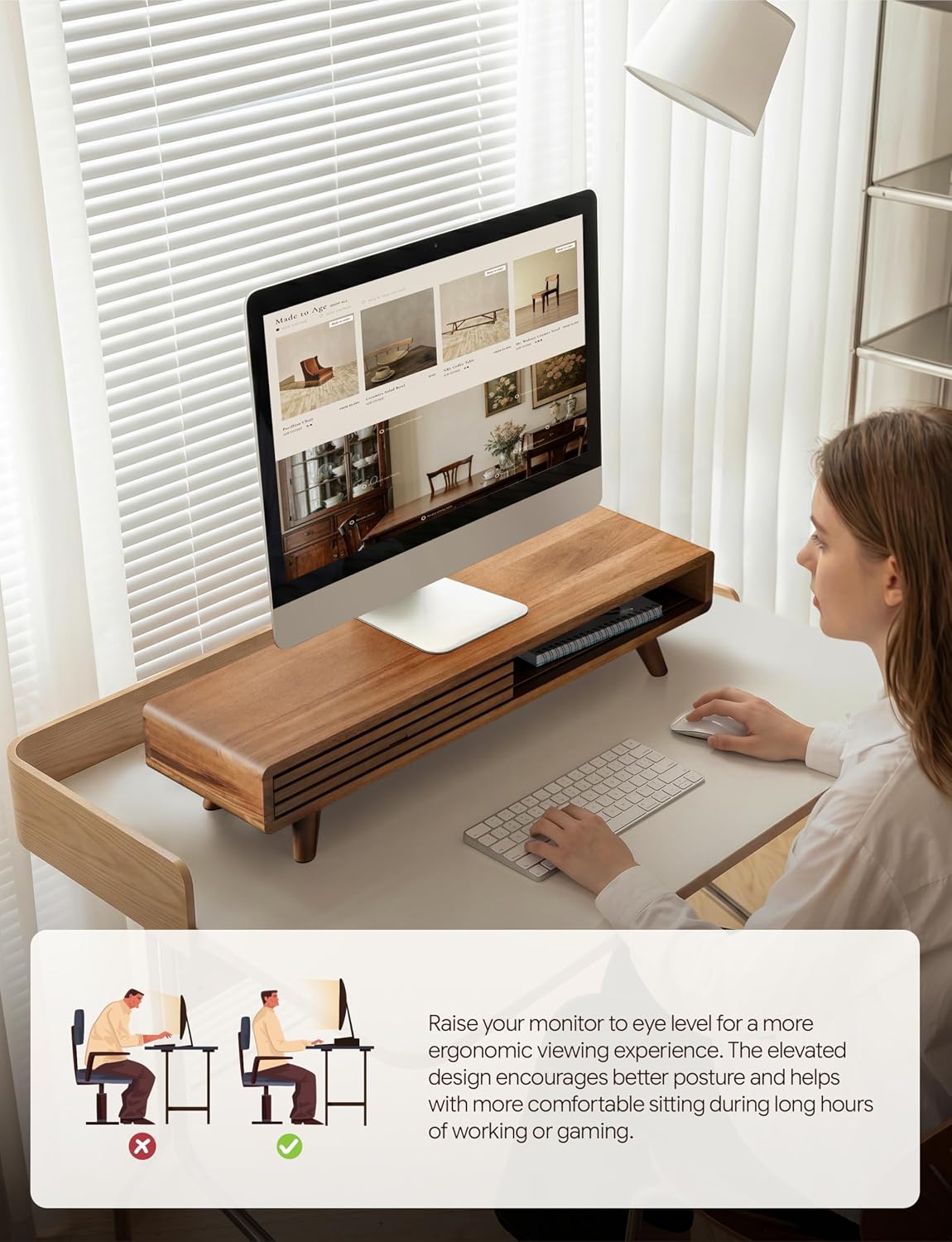 Tinamo 24" Wood Monitor Stand Riser with Sliding Door and Cable Management | Acacia Wood, Ergonomic Design, Fits Most 24"-32" Monitors, Non-slip, Hidden Multi-purpose Storage, All Hardware Included