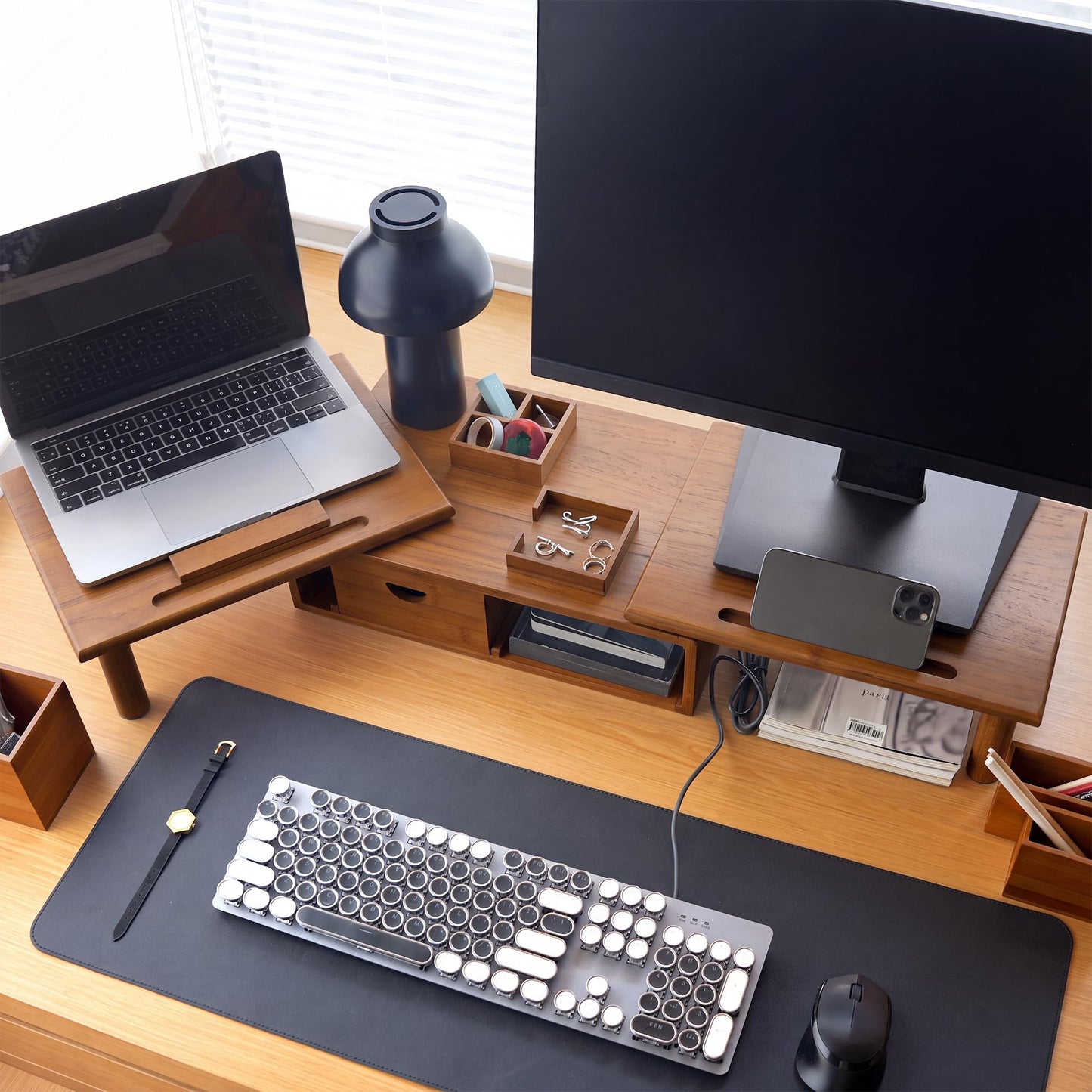Dual Monitor Stand Riser with Drawer for Desk Laptop | Desk Shelf with Adjustable Length and Angle, Bamboo Computer Stand Riser for 2 or 3 Monitors Screen Laptop PC TV -Natural