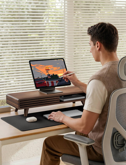 Tinamo 24" Wood Monitor Stand Riser with Sliding Door and Cable Management | Acacia Wood, Ergonomic Design, Fits Most 24"-32" Monitors, Non-slip, Hidden Multi-purpose Storage, All Hardware Included