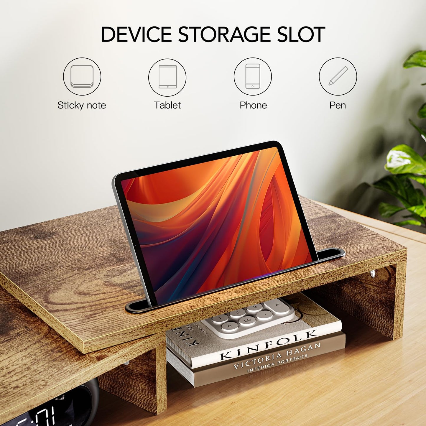 AMERIERGO Dual Monitor Stand Riser- 3 Shelf Screen Stand with Adjustable Length and Angle, 2 Extra Functional Slot Desktop Organizer Stand for PC, Computer, Laptop (Light Wood)