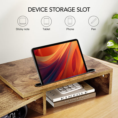 AMERIERGO Dual Monitor Stand Riser- 3 Shelf Screen Stand with Adjustable Length and Angle, 2 Extra Functional Slot Desktop Organizer Stand for PC, Computer, Laptop (Light Wood)