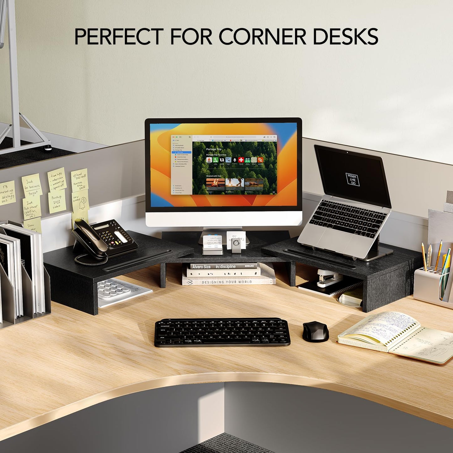 AMERIERGO Dual Monitor Stand Riser- 3 Shelf Screen Stand with Adjustable Length and Angle, 2 Extra Functional Slot Desktop Organizer Stand for PC, Computer, Laptop (Light Wood)