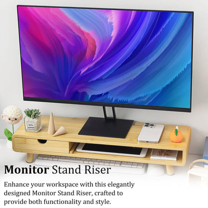 Homerays Bamboo Monitor Stand Riser, No Assembly Required Exquisite Monitor Stand with Drawer Ergonomic Height Wood Monitor Stand