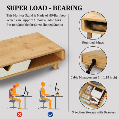 Homerays Bamboo Monitor Stand Riser, No Assembly Required Exquisite Monitor Stand with Drawer Ergonomic Height Wood Monitor Stand