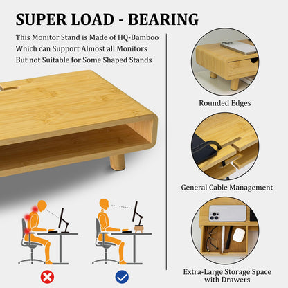 Homerays Bamboo Monitor Stand Riser, No Assembly Required Exquisite Monitor Stand with Drawer Ergonomic Height Wood Monitor Stand