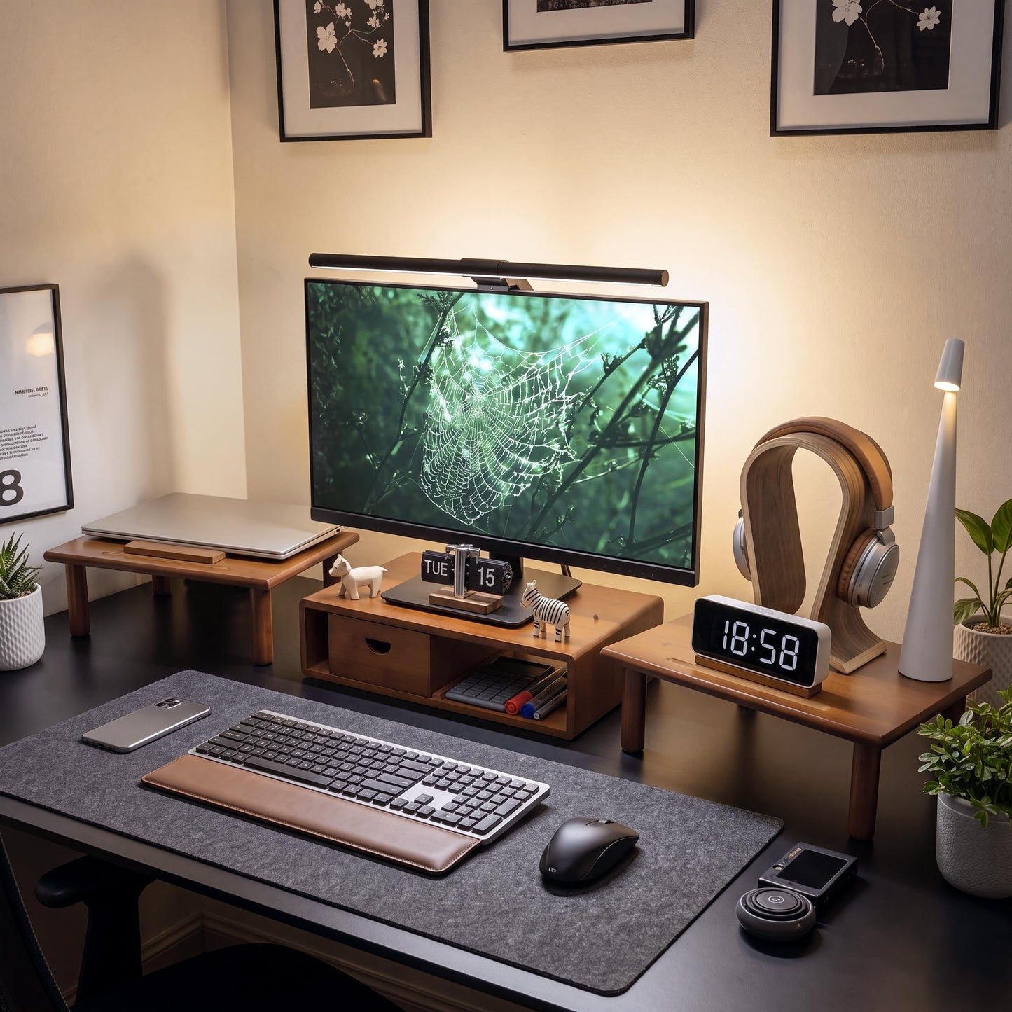 Dual Monitor Stand Riser with Drawer for Desk Laptop | Desk Shelf with Adjustable Length and Angle, Bamboo Computer Stand Riser for 2 or 3 Monitors Screen Laptop PC TV -Natural