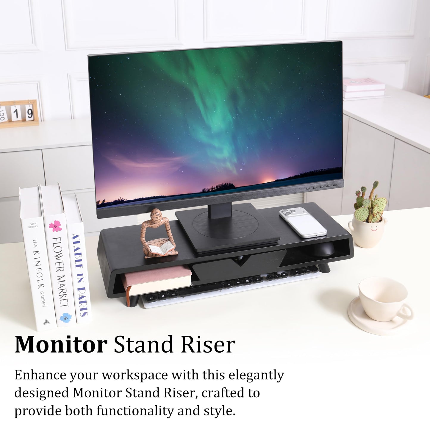 Homerays Bamboo Monitor Stand Riser, No Assembly Required Exquisite Monitor Stand with Drawer Ergonomic Height Wood Monitor Stand
