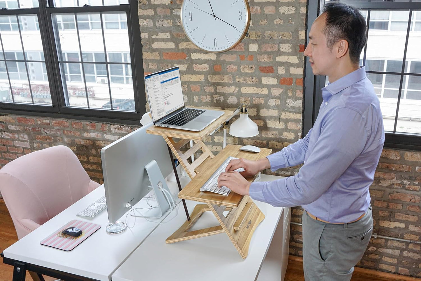 Victor Laptop Stand - Acacia Wood Standing Desk Converter with Dual Trays, 10-Level Height Adjustment, Fast Tool-Free Assembly, for Dorms, Bedrooms, and Home Offices
