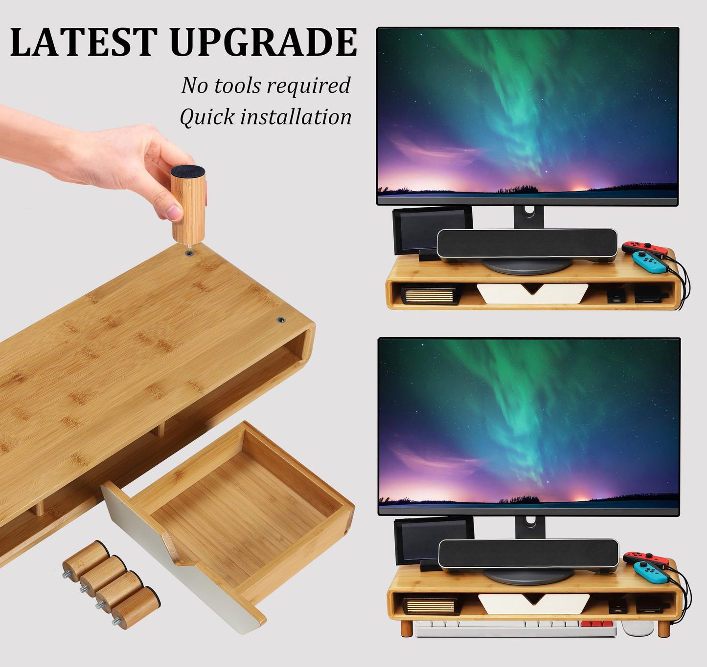 Homerays Bamboo Monitor Stand Riser, No Assembly Required Exquisite Monitor Stand with Drawer Ergonomic Height Wood Monitor Stand