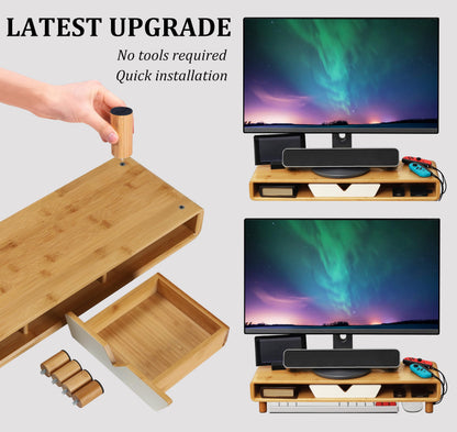 Homerays Bamboo Monitor Stand Riser, No Assembly Required Exquisite Monitor Stand with Drawer Ergonomic Height Wood Monitor Stand