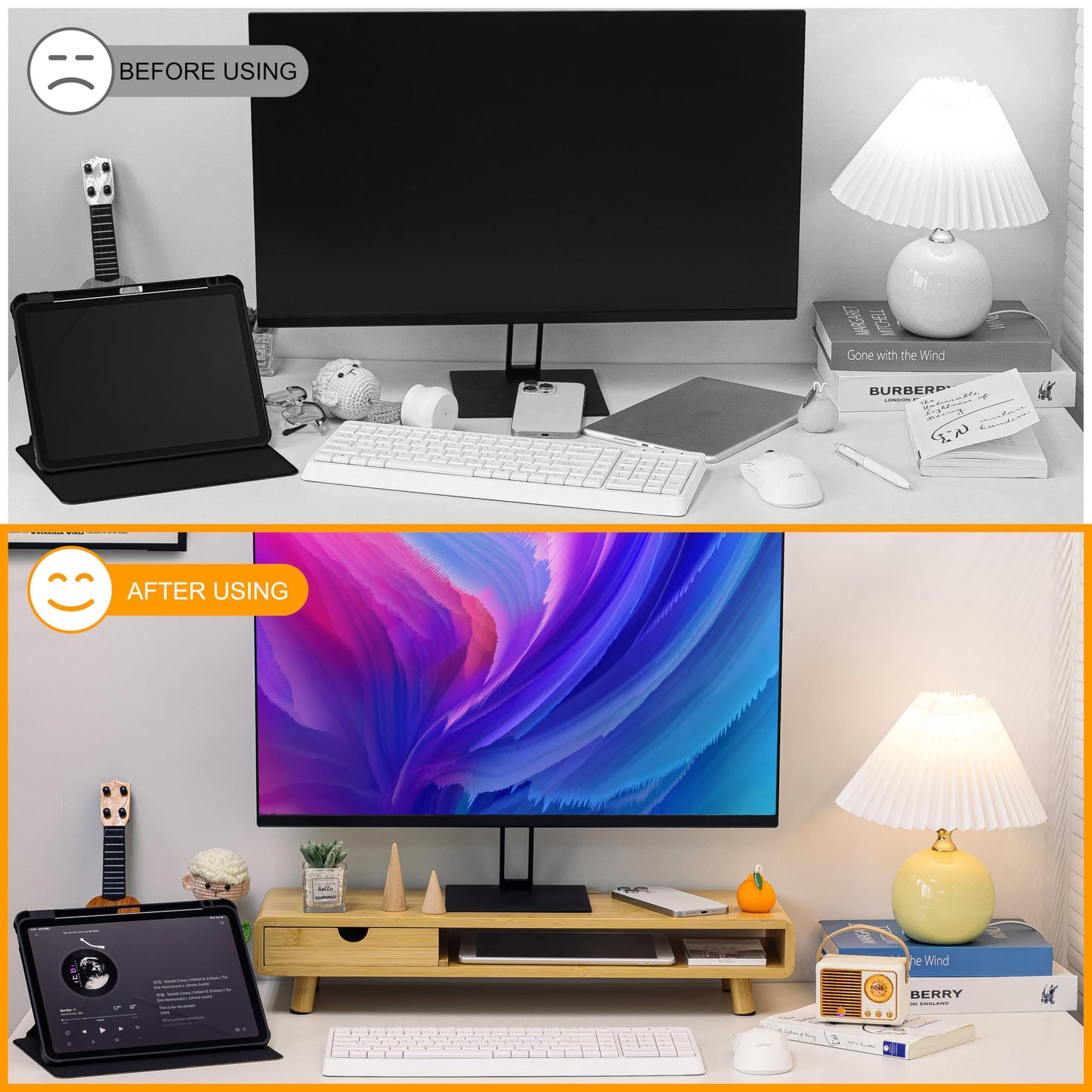 Homerays Bamboo Monitor Stand Riser, No Assembly Required Exquisite Monitor Stand with Drawer Ergonomic Height Wood Monitor Stand
