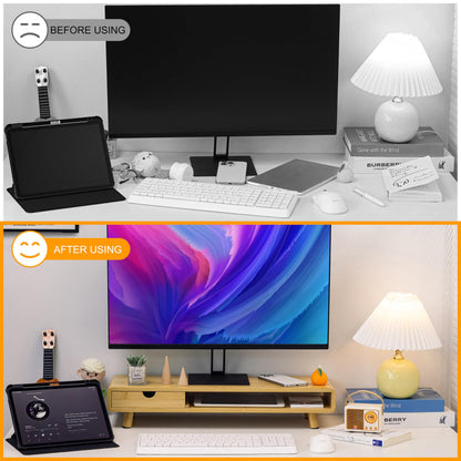 Homerays Bamboo Monitor Stand Riser, No Assembly Required Exquisite Monitor Stand with Drawer Ergonomic Height Wood Monitor Stand