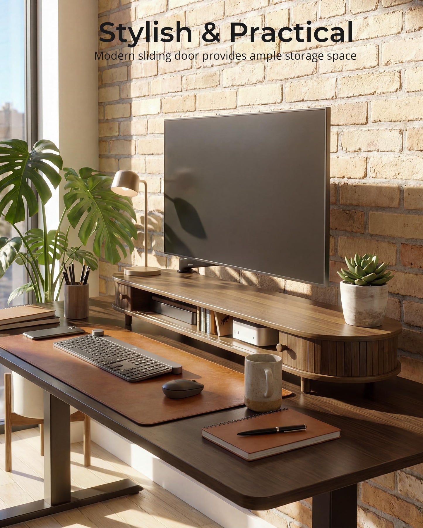 Bamboo Monitor Stand with Storage, 25 Inch Desk Shelf Riser | Curved Computer Laptop Stand Desk Shelf Organizer with Sliding Doors for 47-55 Inch Desk