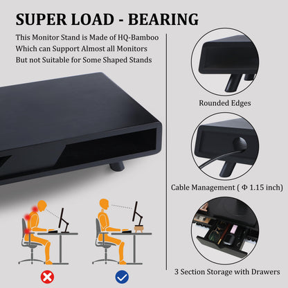 Homerays Bamboo Monitor Stand Riser, No Assembly Required Exquisite Monitor Stand with Drawer Ergonomic Height Wood Monitor Stand
