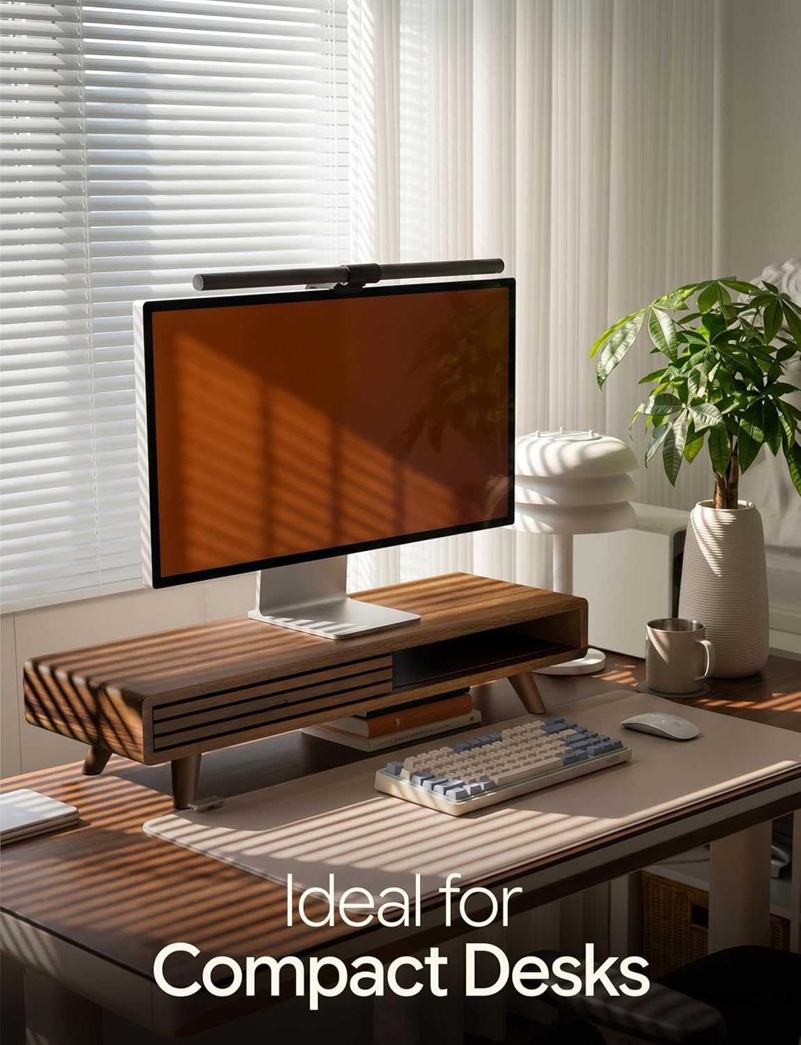 Tinamo 24" Wood Monitor Stand Riser with Sliding Door and Cable Management | Acacia Wood, Ergonomic Design, Fits Most 24"-32" Monitors, Non-slip, Hidden Multi-purpose Storage, All Hardware Included