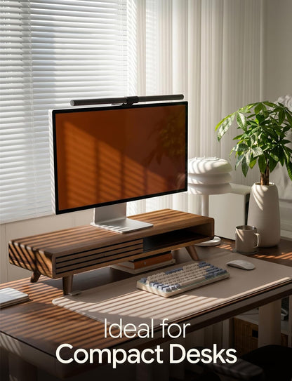 Tinamo 24" Wood Monitor Stand Riser with Sliding Door and Cable Management | Acacia Wood, Ergonomic Design, Fits Most 24"-32" Monitors, Non-slip, Hidden Multi-purpose Storage, All Hardware Included