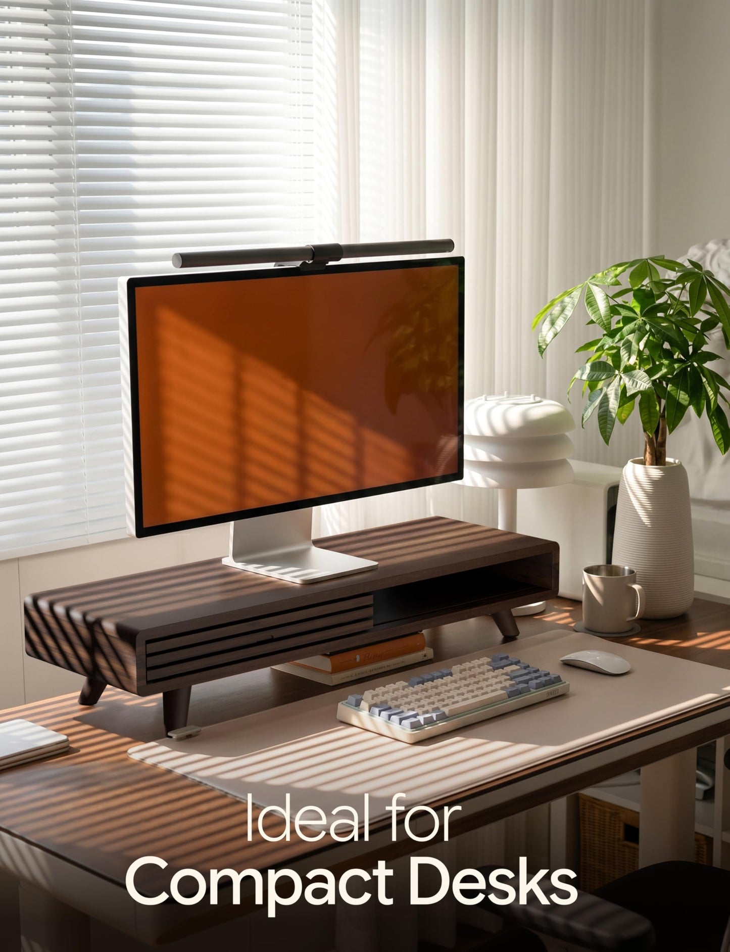 Tinamo 24" Wood Monitor Stand Riser with Sliding Door and Cable Management | Acacia Wood, Ergonomic Design, Fits Most 24"-32" Monitors, Non-slip, Hidden Multi-purpose Storage, All Hardware Included