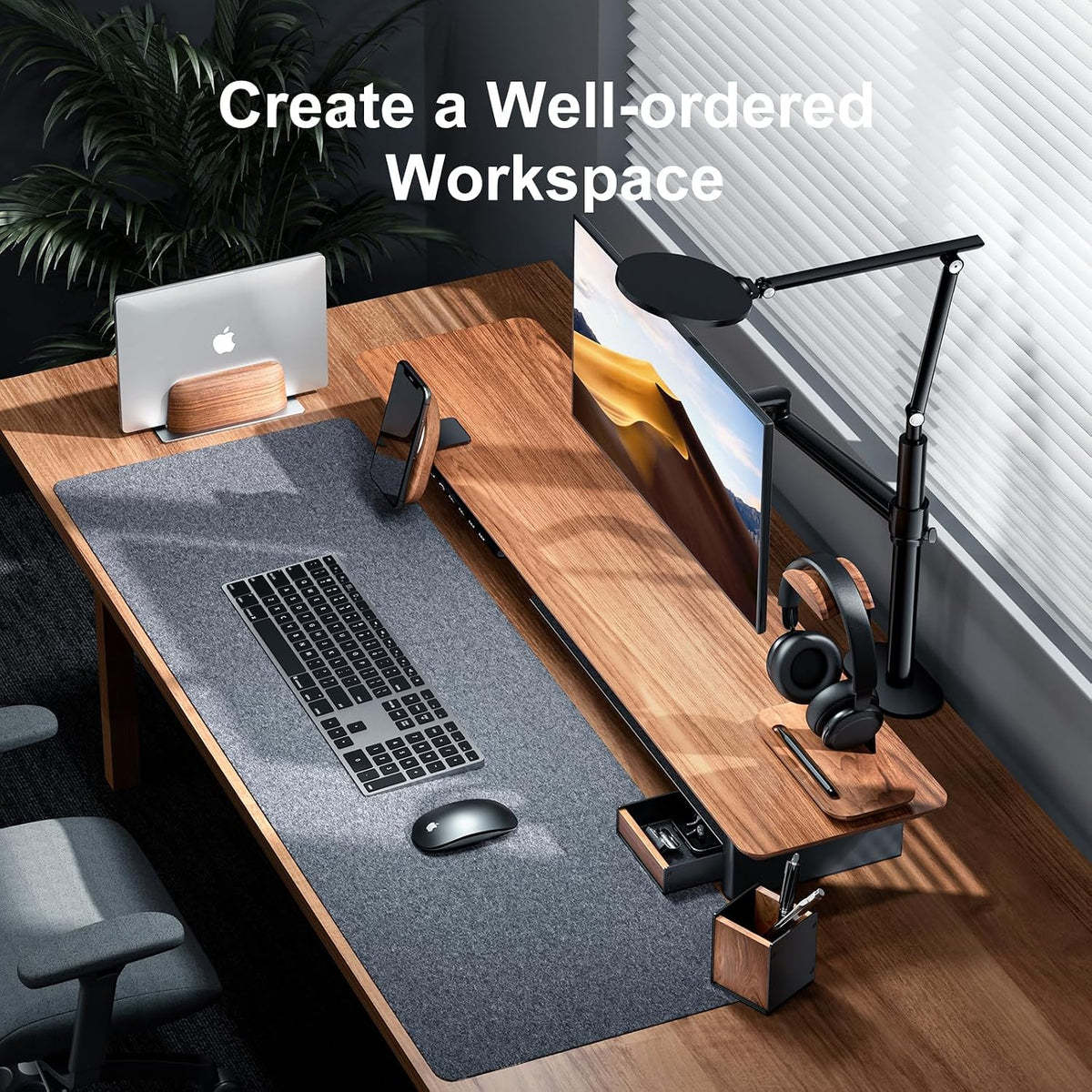 UPERGO Wooden Vertical Laptop Stand, Desk Tray and Headphone Stand