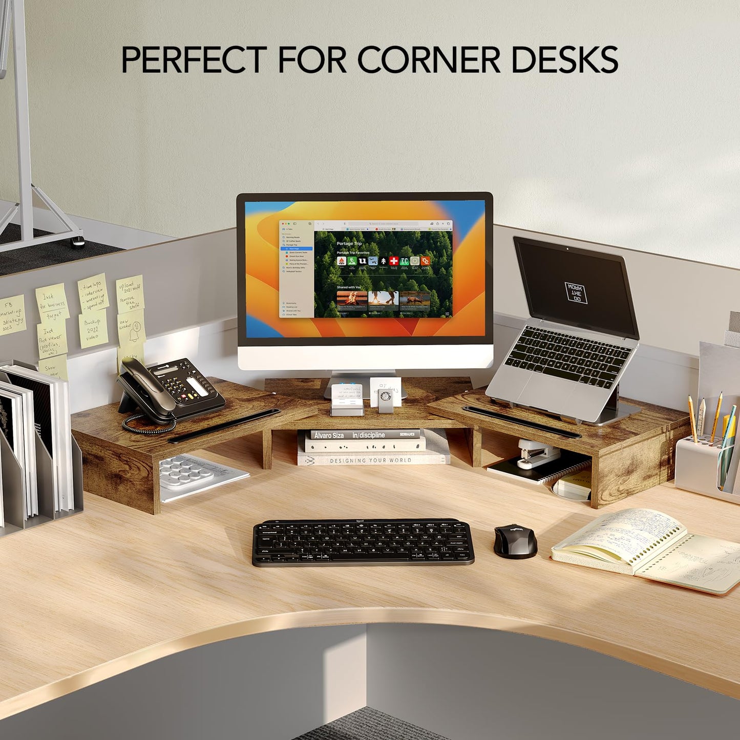 AMERIERGO Dual Monitor Stand Riser- 3 Shelf Screen Stand with Adjustable Length and Angle, 2 Extra Functional Slot Desktop Organizer Stand for PC, Computer, Laptop (Light Wood)