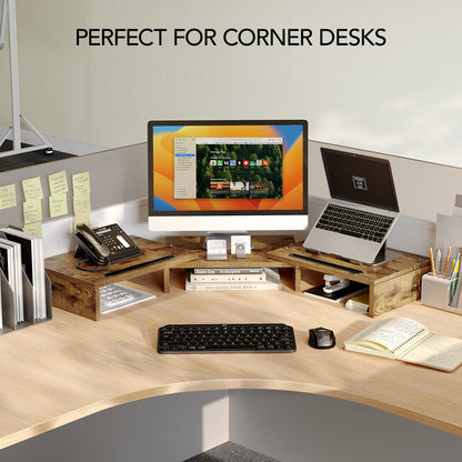 AMERIERGO Dual Monitor Stand Riser- 3 Shelf Screen Stand with Adjustable Length and Angle, 2 Extra Functional Slot Desktop Organizer Stand for PC, Computer, Laptop (Light Wood)