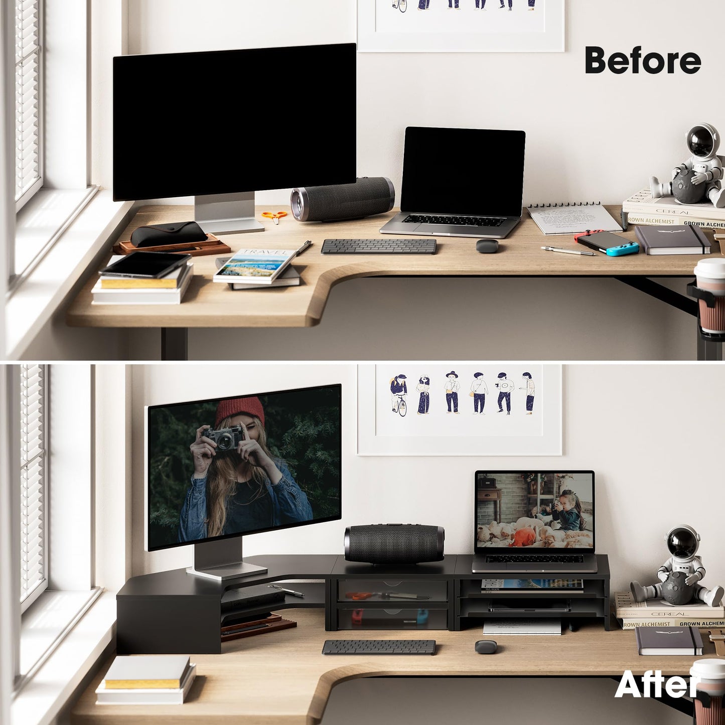 Fenge Dual Monitor Stand, Corner Desk Shelf with Drawer & Slide-Out Tray | Modular Design for Flexible Layouts, 2-Tier Storage Desktop Organizer for Computer, Laptop, Printer and Telephone