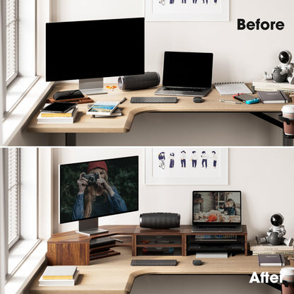 Fenge Dual Monitor Stand, Corner Desk Shelf with Drawer & Slide-Out Tray | Modular Design for Flexible Layouts, 2-Tier Storage Desktop Organizer for Computer, Laptop, Printer and Telephone