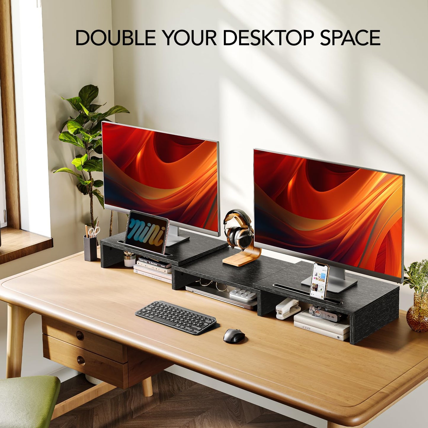 AMERIERGO Dual Monitor Stand Riser- 3 Shelf Screen Stand with Adjustable Length and Angle, 2 Extra Functional Slot Desktop Organizer Stand for PC, Computer, Laptop (Light Wood)