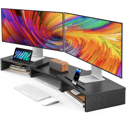 AMERIERGO Dual Monitor Stand Riser- 3 Shelf Screen Stand with Adjustable Length and Angle, 2 Extra Functional Slot Desktop Organizer Stand for PC, Computer, Laptop (Light Wood)
