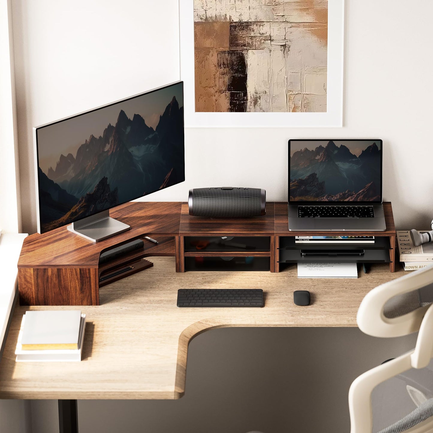 Fenge Dual Monitor Stand, Corner Desk Shelf with Drawer & Slide-Out Tray | Modular Design for Flexible Layouts, 2-Tier Storage Desktop Organizer for Computer, Laptop, Printer and Telephone