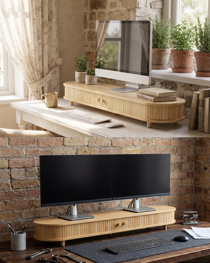 Bamboo Monitor Stand with Storage, 25 Inch Desk Shelf Riser | Curved Computer Laptop Stand Desk Shelf Organizer with Sliding Doors for 47-55 Inch Desk
