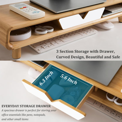Homerays Bamboo Monitor Stand Riser, No Assembly Required Exquisite Monitor Stand with Drawer Ergonomic Height Wood Monitor Stand