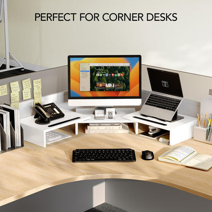 AMERIERGO Dual Monitor Stand Riser- 3 Shelf Screen Stand with Adjustable Length and Angle, 2 Extra Functional Slot Desktop Organizer Stand for PC, Computer, Laptop (Light Wood)