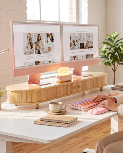 Bamboo Monitor Stand with Storage, 25 Inch Desk Shelf Riser | Curved Computer Laptop Stand Desk Shelf Organizer with Sliding Doors for 47-55 Inch Desk