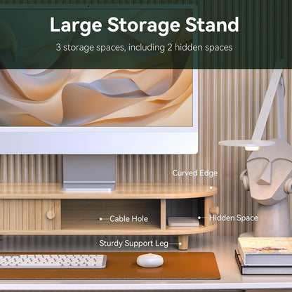 Bamboo Monitor Stand with Storage, 25 Inch Desk Shelf Riser | Curved Computer Laptop Stand Desk Shelf Organizer with Sliding Doors for 47-55 Inch Desk